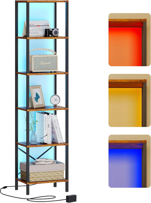 6 Tier Bookshelf With LED Lights In Rustic Brown Living Room