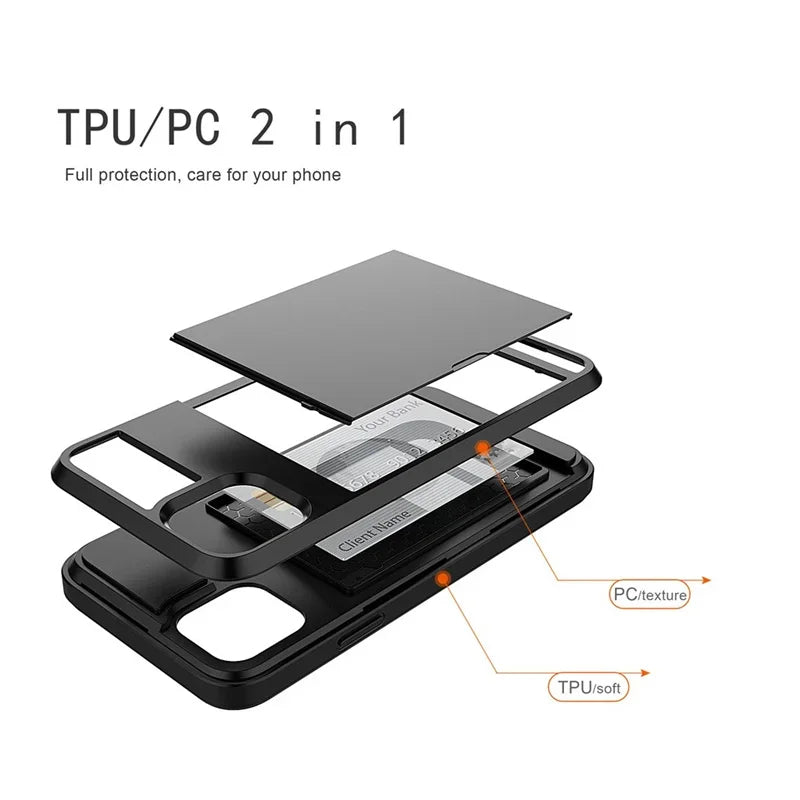 Slide Wallet Credit Card Slot PC Phone Case For iPhone 13 12 Mini 11 14 15 16 Pro Max Plus 17 air TPU Armor Shockproof Cover