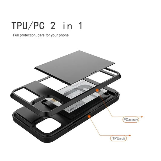 Slide Wallet Credit Card Slot PC Phone Case For iPhone 13 12 Mini 11 14 15 16 Pro Max Plus 17 air TPU Armor Shockproof Cover