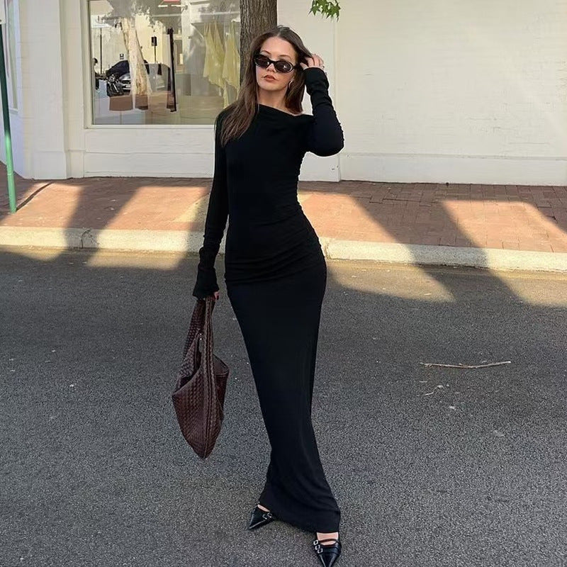 Women's Off-Shoulder Long-Sleeve Pleated Maxi Dress