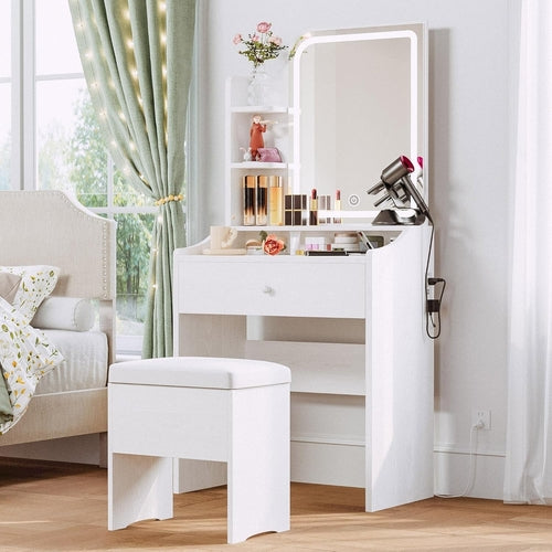 White Vanity Set with Lighted Mirror – Modern Makeup Desk