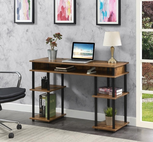 Student Desk with Shelves – Barnwood & Black No-Tools Assembly
