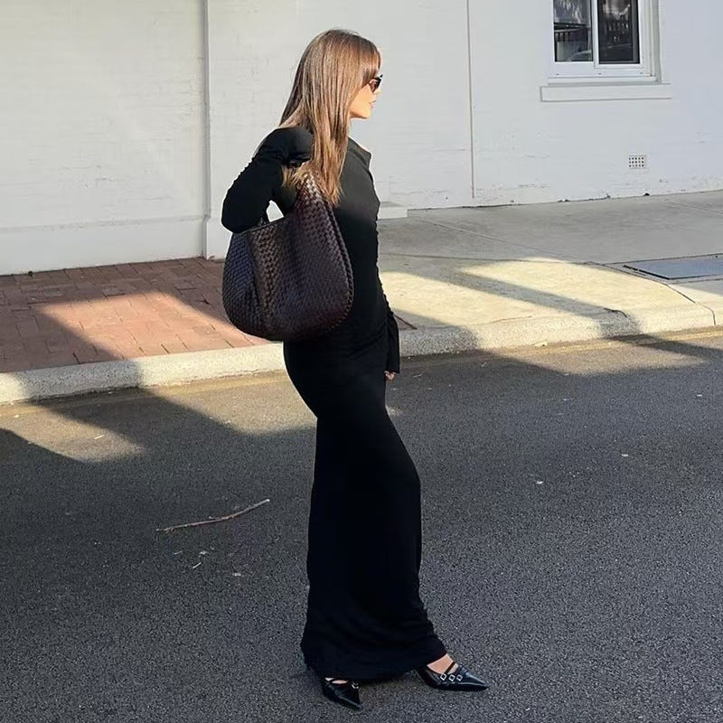 Women's Off-Shoulder Long-Sleeve Pleated Maxi Dress