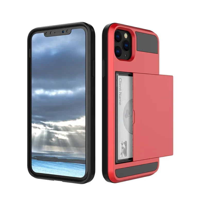Slide Wallet Credit Card Slot PC Phone Case For iPhone 13 12 Mini 11 14 15 16 Pro Max Plus 17 air TPU Armor Shockproof Cover
