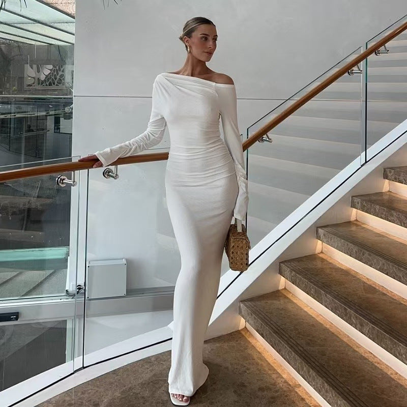 Women's Off-Shoulder Long-Sleeve Pleated Maxi Dress