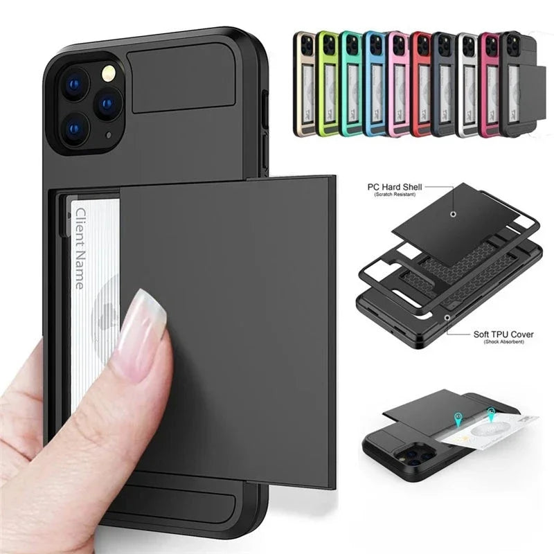 Slide Wallet Credit Card Slot PC Phone Case For iPhone 13 12 Mini 11 14 15 16 Pro Max Plus 17 air TPU Armor Shockproof Cover