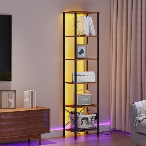 6-Tier Bookshelf with LED Lights – Tall Narrow Bookcase