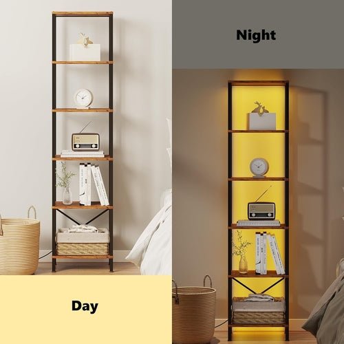 6-Tier Bookshelf with LED Lights – Tall Narrow Bookcase