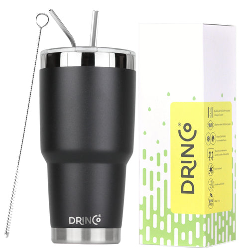 DRINCO® 30oz Insulated Tumbler – Spill-Proof Lid with 2 Straws (Black)