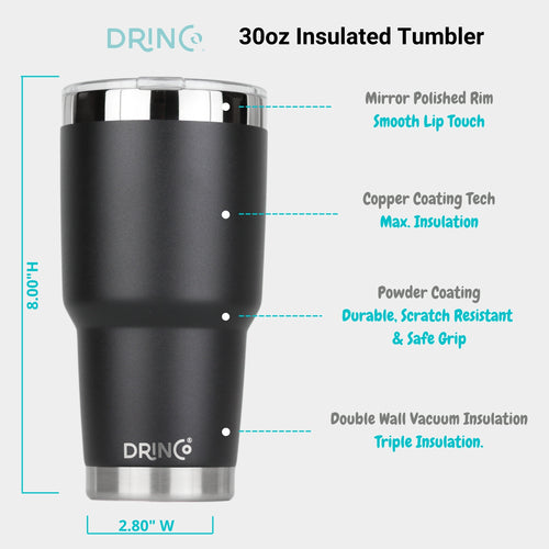 DRINCO® 30oz Insulated Tumbler – Spill-Proof Lid with 2 Straws (Black)