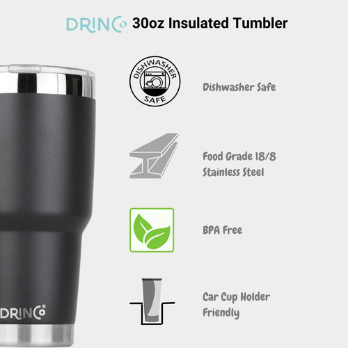 DRINCO® 30oz Insulated Tumbler – Spill-Proof Lid with 2 Straws (Black)