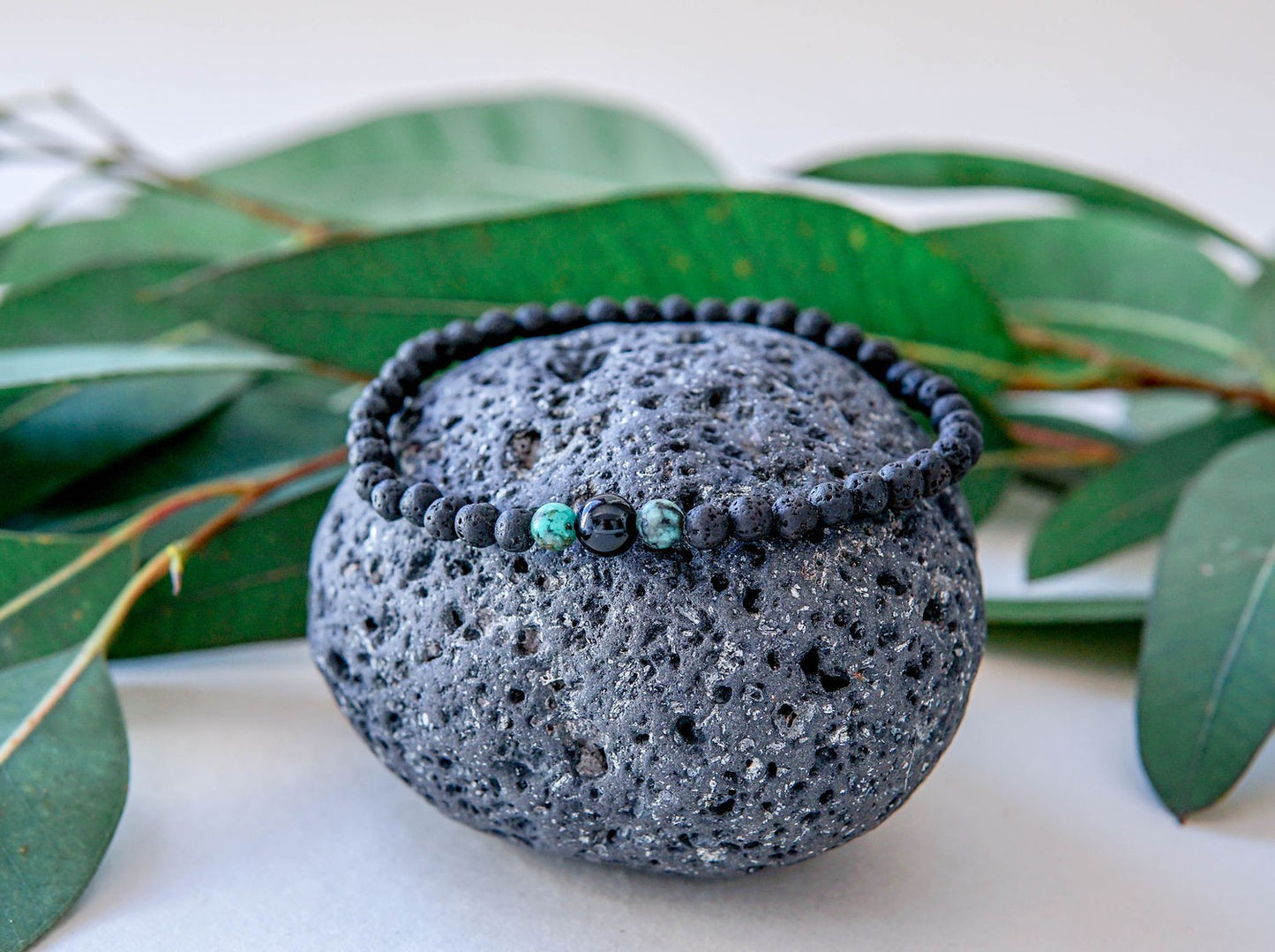 Lava Bracelet with 4mm Onyx and Turquoise for Men